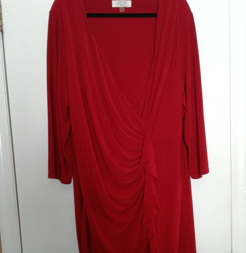 Red Faux Wrap Dress with Ruffles